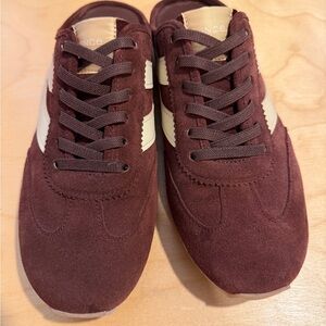 Vince Burgundy Suede Lace-Up Mules with Cream Stripe